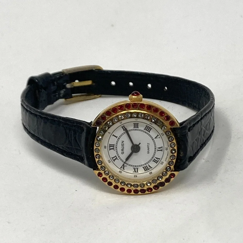 Vintage Gruen Women's Watch Red Crystals Gold Tone 26mm Bling New Battery 7.25